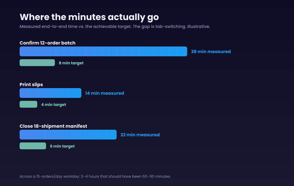 Paired bar chart comparing measured versus target minutes for confirming a batch, printing slips, and closing a manifest. The gap is labelled as tab-switching, not the work itself.
