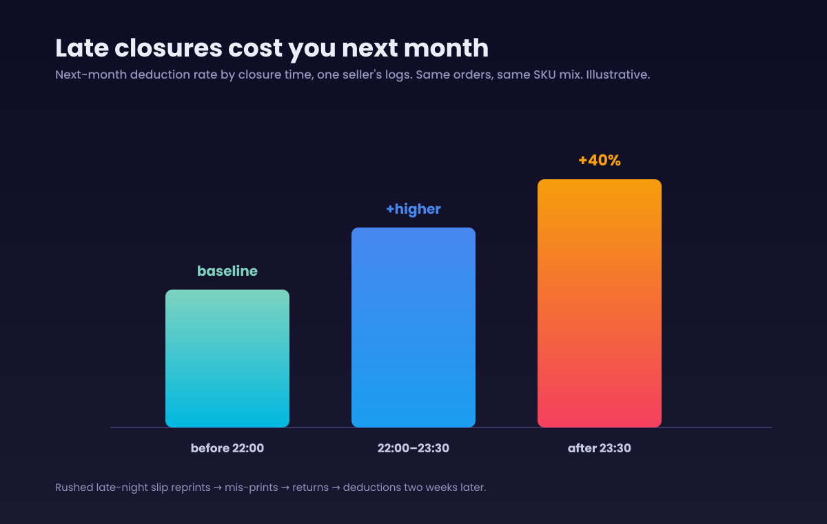 Bar chart of next-month deduction rate by closure time: baseline before 22:00, higher between 22:00 and 23:30, and roughly 40 percent higher after 23:30.