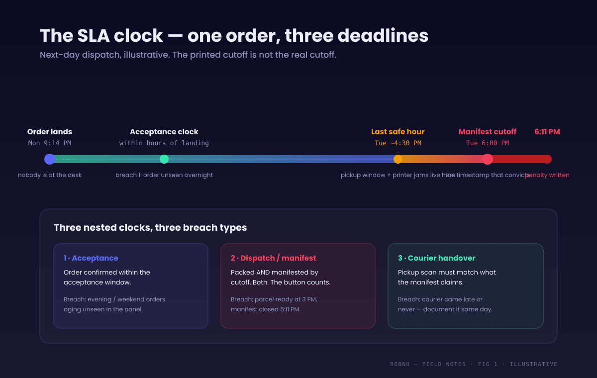 Diagram of the marketplace SLA penalty clock for a next-day-dispatch order. Order placed Monday 9:14 pm, acceptance deadline within hours, dispatch and manifest cutoff Tuesday 6 pm, courier handover must match the manifest. Breach examples: late acceptance, manifest closed 11 minutes late, handover scan after cutoff. The last safe hour is around 4:30 pm, well before the printed cutoff.