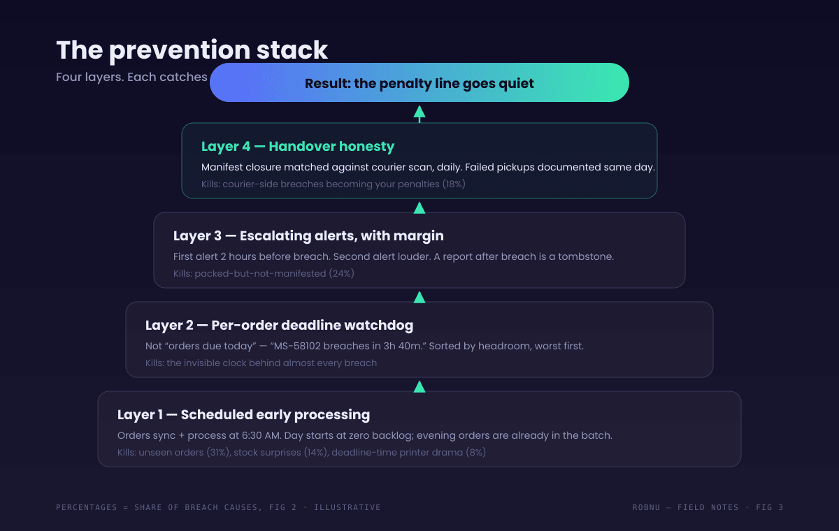 Layer diagram of an SLA penalty prevention stack: scheduled early processing, a per-order deadline watchdog, escalating alerts with hours of margin, and manifest-versus-courier-scan handover checks. Result: penalties become a non-event.