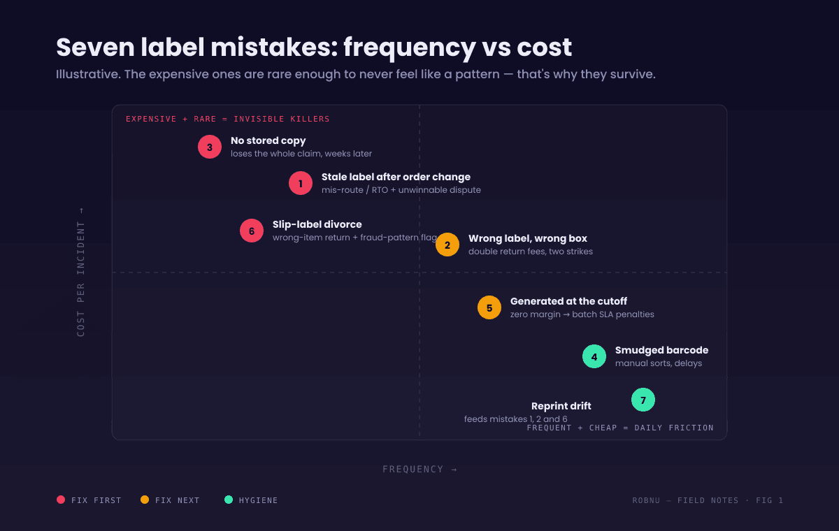 Matrix of seven shipping label mistakes by frequency versus cost per incident. Frequent but cheaper: reprint drift, smudged barcodes. Medium: wrong label on wrong box, cutoff-time generation. Rare but expensive: stale labels after order changes, slip-label mismatch, and no stored copy when a dispute arrives weeks later.