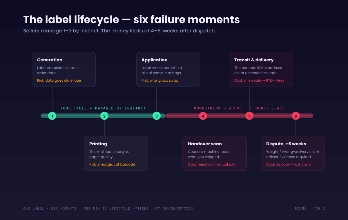 Timeline of the shipping label lifecycle with six failure moments: generation with stale-data risk, printing with smudge risk, application with wrong-box risk, handover scan with rejection risk, transit with mis-route and RTO risk, and the dispute weeks later where a missing stored copy loses the claim.